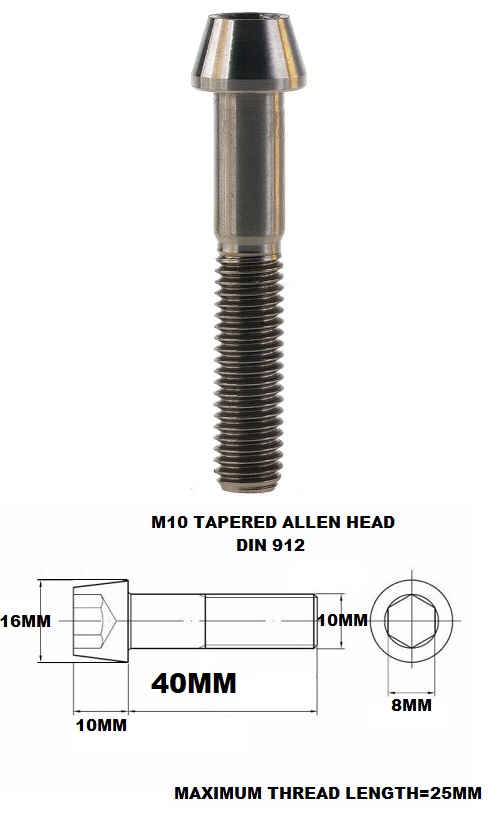 TITANIUM M10 X 40MM X 1.5 TAPERED ALLEN HEAD BOLT