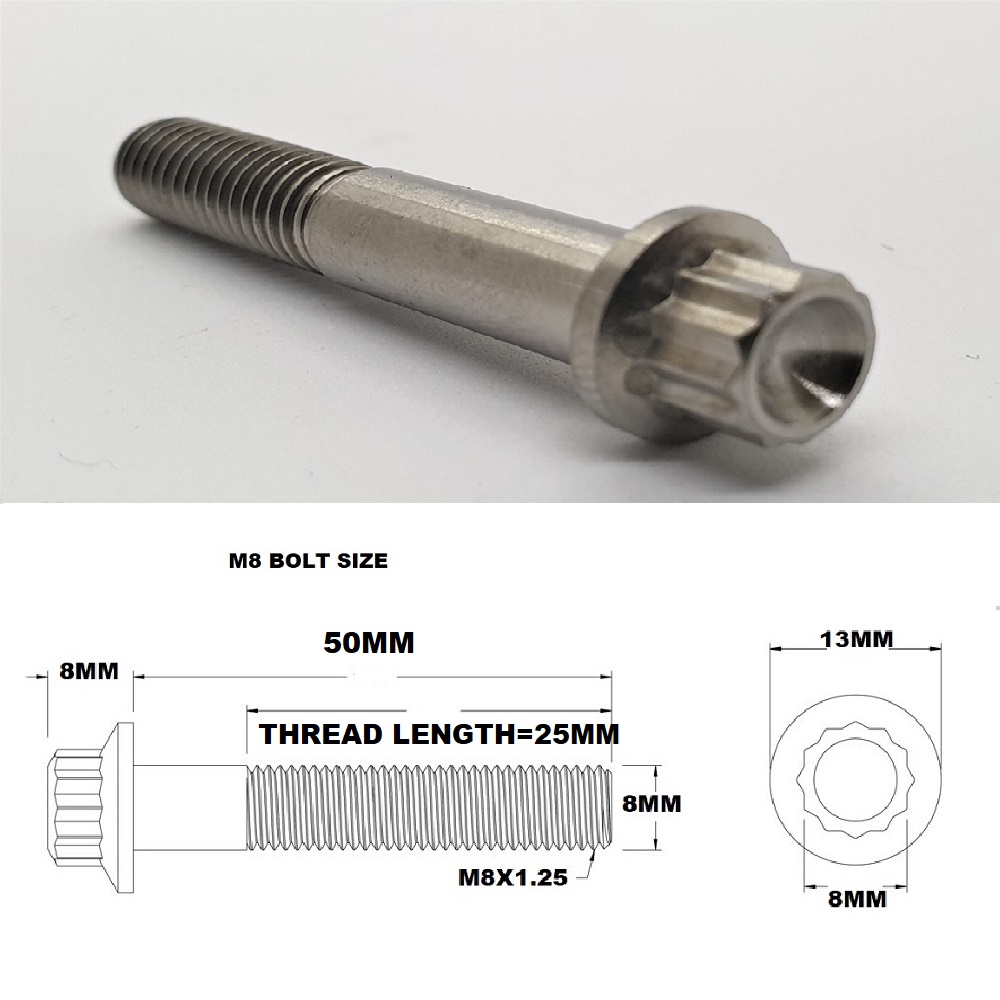 M8X50MM 1.25 THREAD PITCH TITANIUM 12 POINT FLANGED BOLT GRADE 5