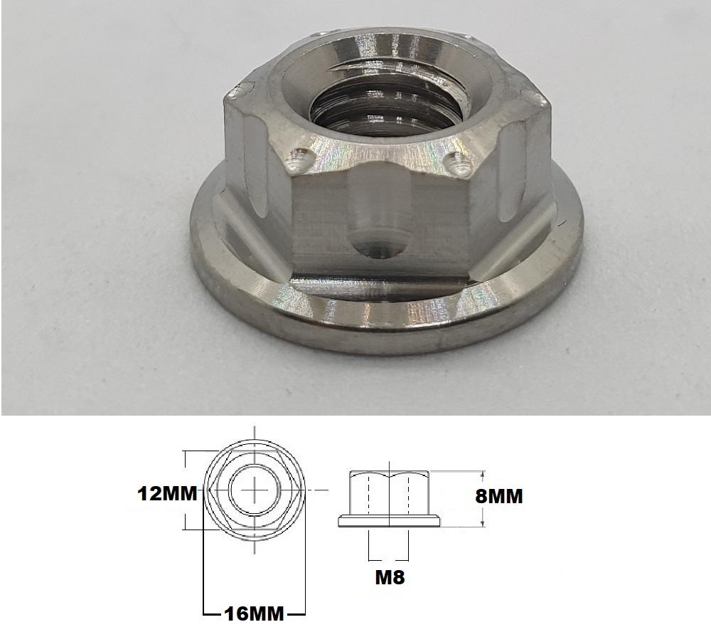 M8X1.25 THREAD TITANIUM FLANGED 12MM HEX FANCY NUT GRADE 5