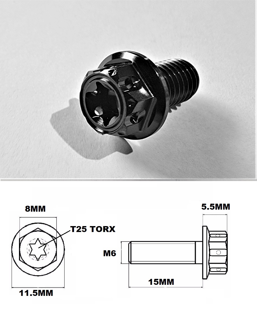 M6X15MM 1.0 THREAD BLACK FANCY DUAL DRIVE TITANIUM 8MM HEX BOLT