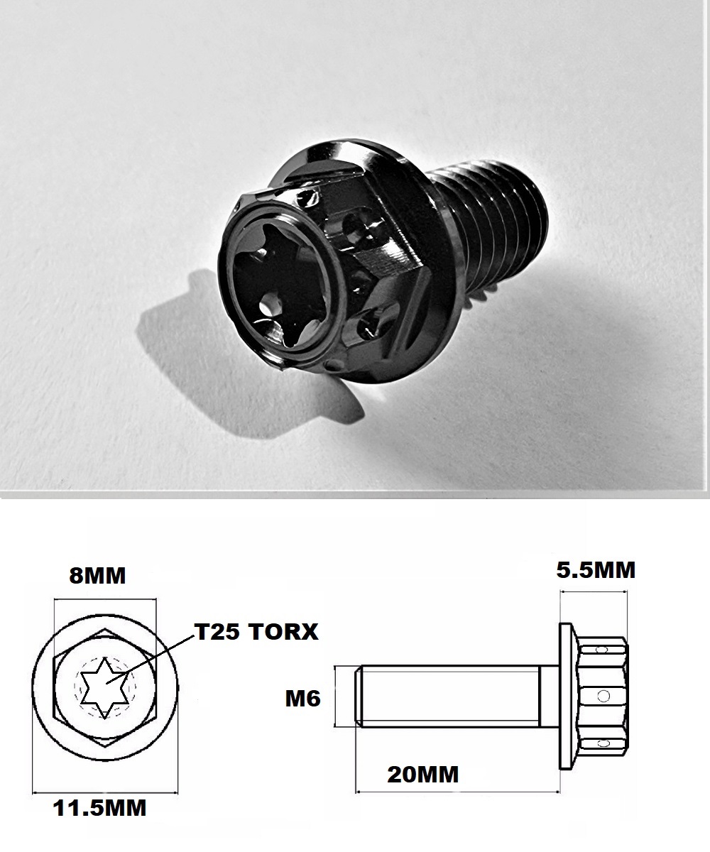 M6X20MM 1.0 THREAD BLACK FANCY DUAL DRIVE TITANIUM 8MM HEX BOLT