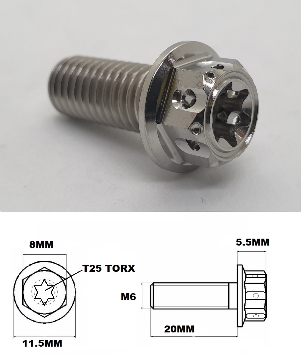 M6X20MM 1.0 THREAD FANCY DUAL DRIVE TITANIUM FLANGE 8MM HEX BOLT