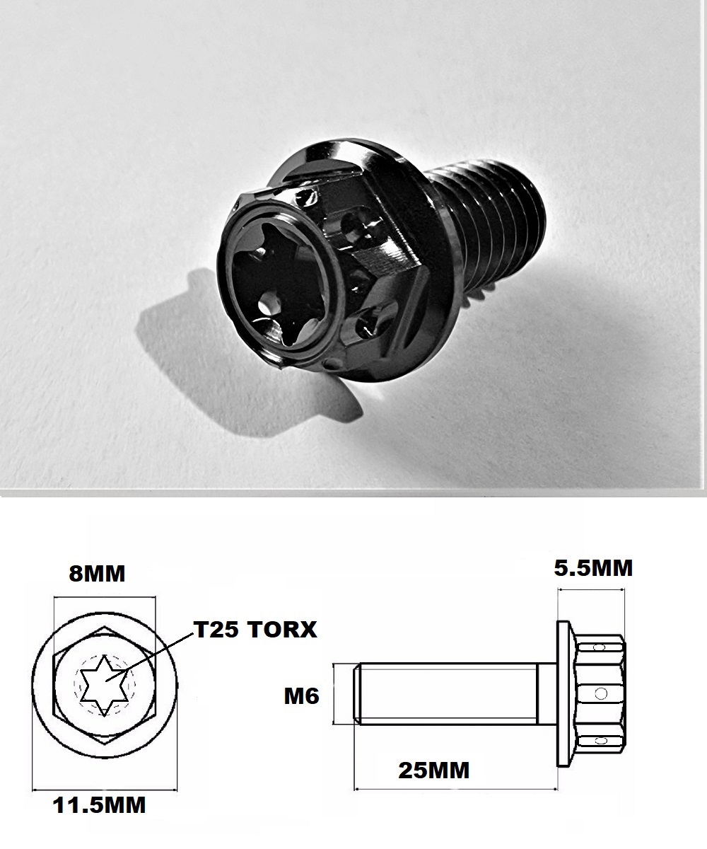 M6X25MM 1.0 THREAD BLACK FANCY DUAL DRIVE TITANIUM 8MM HEX BOLT