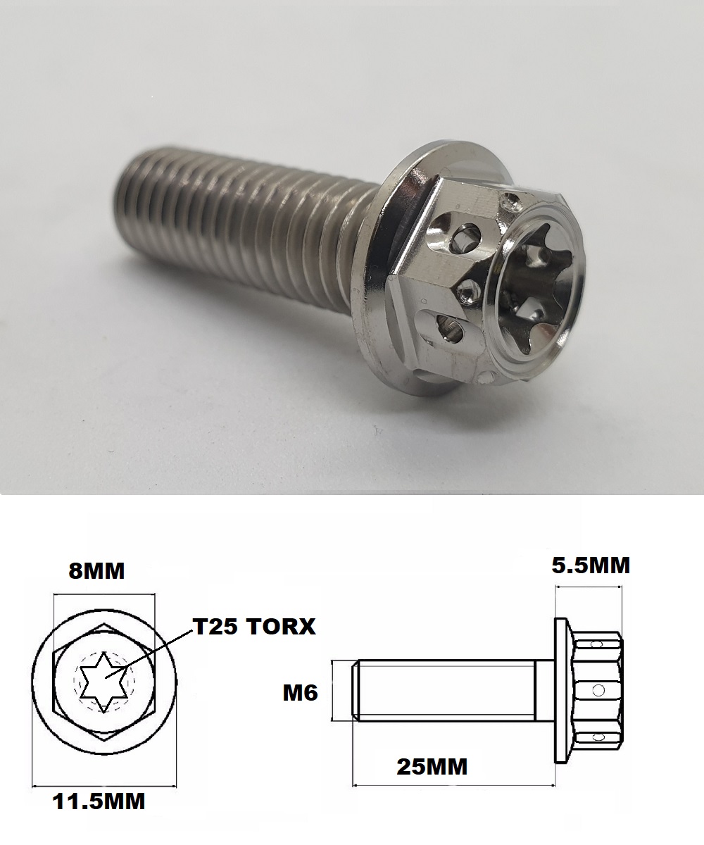 M6X25MM 1.0 THREAD FANCY DUAL DRIVE TITANIUM FLANGE 8MM HEX BOLT