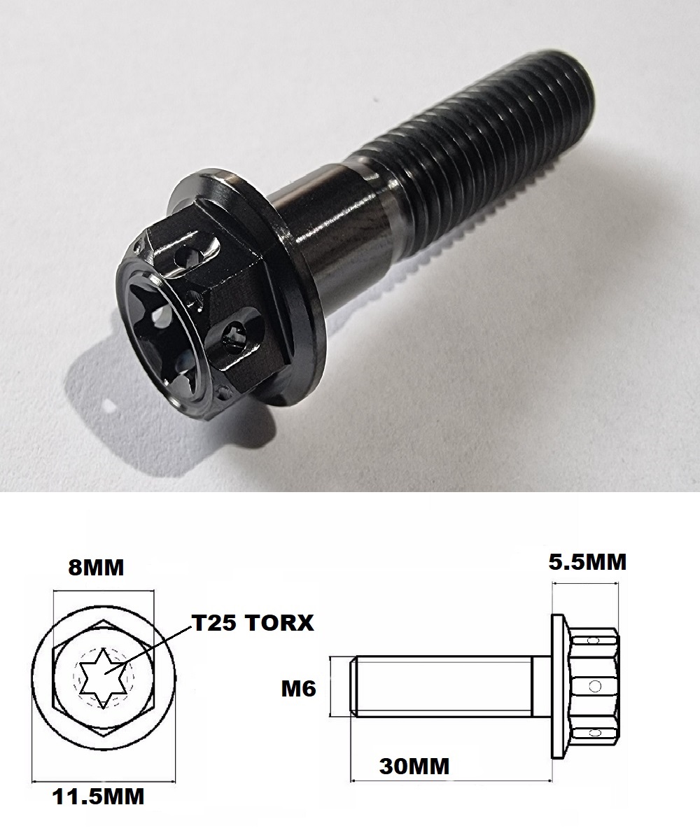 M6X30MM 1.0 THREAD BLACK FANCY DUAL DRIVE TITANIUM 8MM HEX BOLT