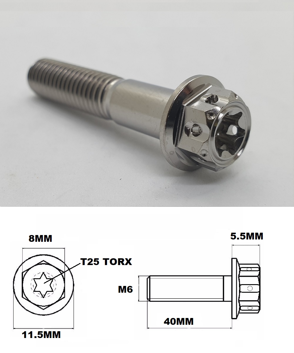 M6X40MM 1.0 THREAD FANCY DUAL DRIVE TITANIUM FLANGE 8MM HEX BOLT