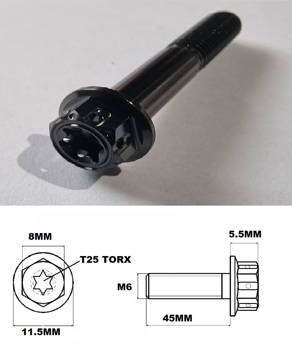 M6X45MM 1.0 THREAD BLACK FANCY DUAL DRIVE TITANIUM 8MM HEX BOLT