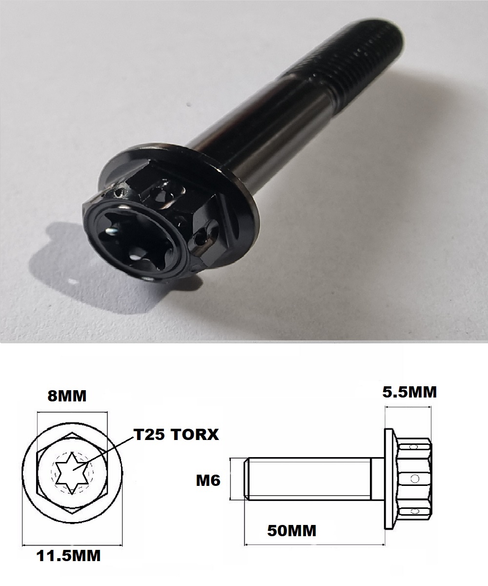 M6X50MM 1.0 THREAD BLACK FANCY DUAL DRIVE TITANIUM 8MM HEX BOLT