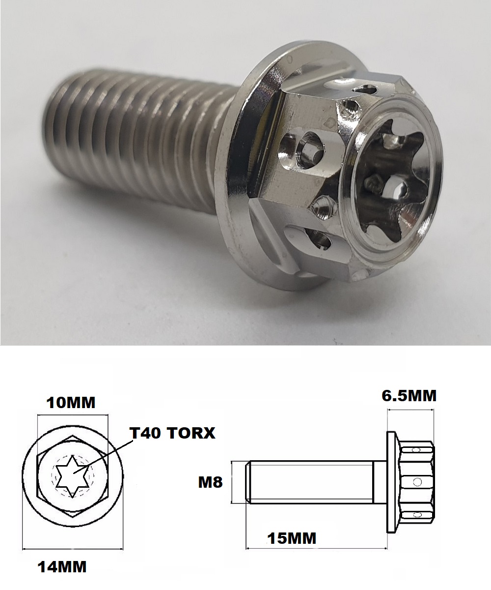 M8X15MM 1.25 THREAD FANCY DUAL DRIVE TITANIUM 10MM HEX BOLT