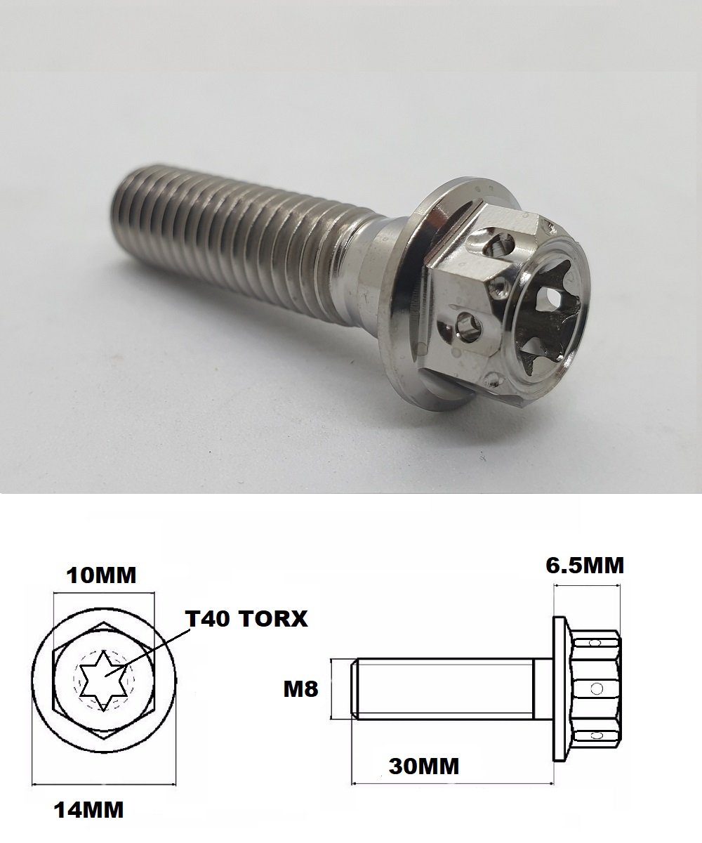 M8X30MM 1.25 THREAD FANCY DUAL DRIVE TITANIUM 10MM HEX BOLT