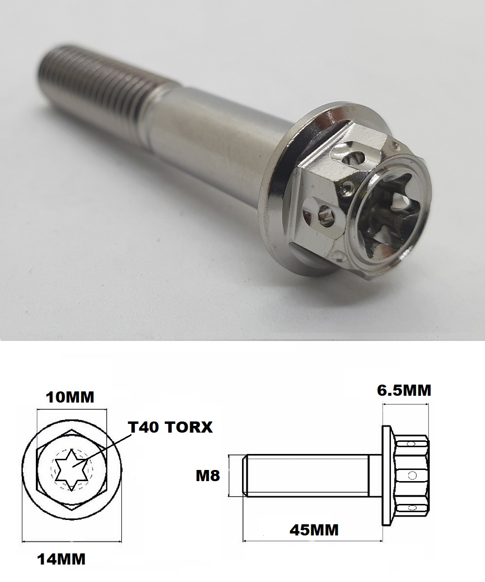 M8X45MM 1.25 THREAD FANCY DUAL DRIVE TITANIUM 10MM HEX BOLT