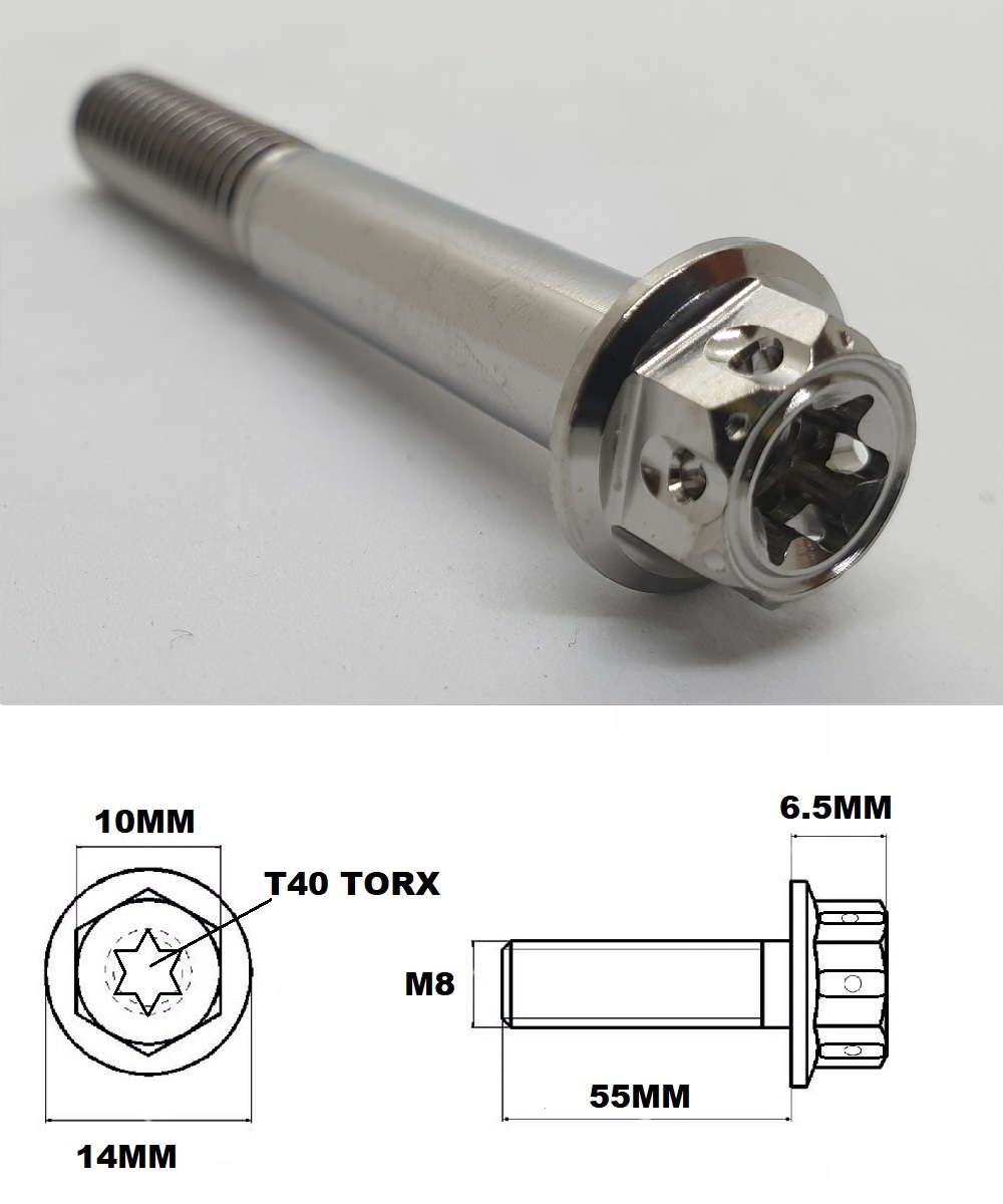 M8X55MM 1.25 THREAD FANCY DUAL DRIVE TITANIUM 10MM HEX BOLT