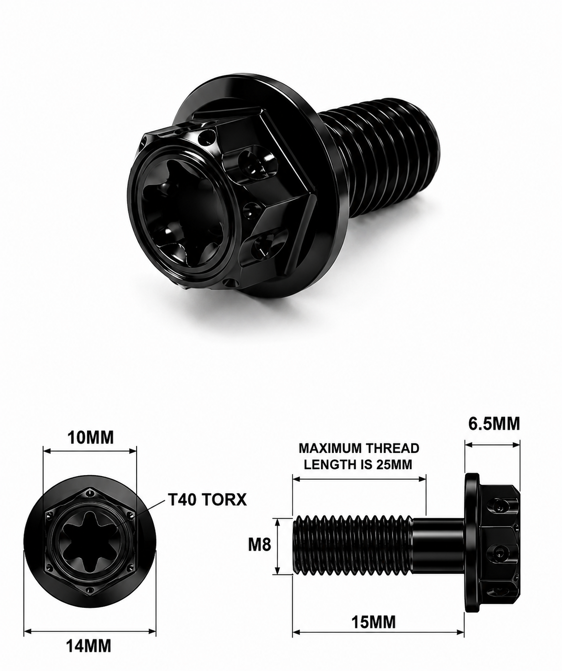 M8X15MM 1.25 THREAD BLACK FANCY DUAL DRIVE TITANIUM 10MM HEX