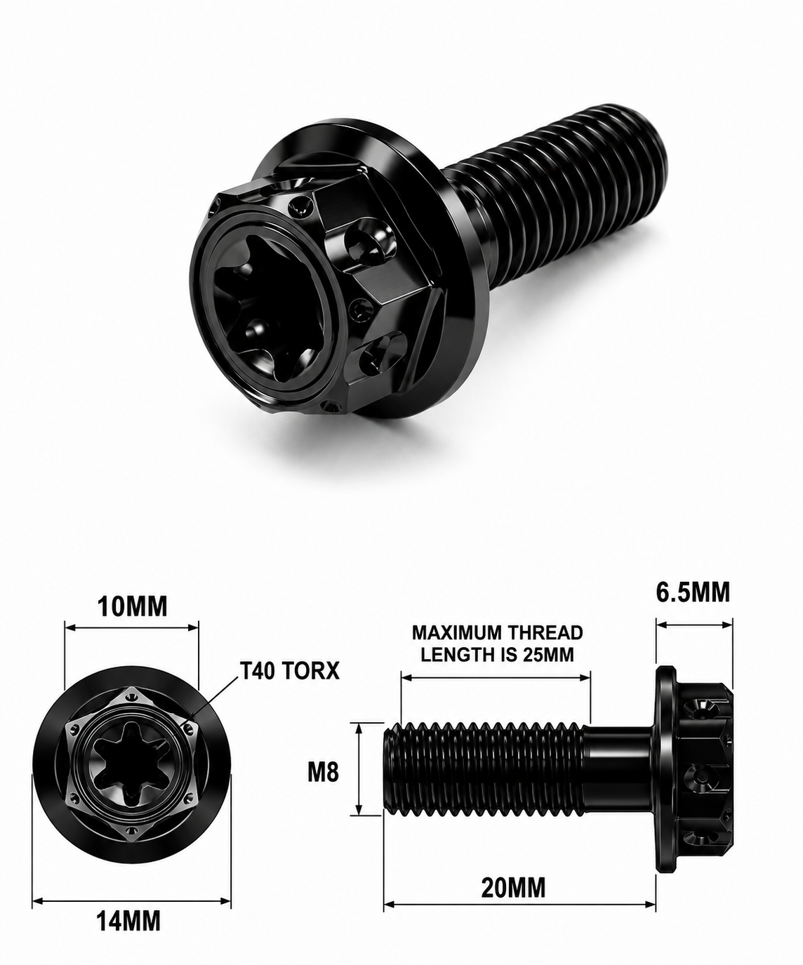 M8X20MM 1.25 THREAD BLACK FANCY DUAL DRIVE TITANIUM 10MM HEX M8X20MM 1.25 THREAD BLACK FANCY DUAL DRIVE TITANIUM 10MM HEX