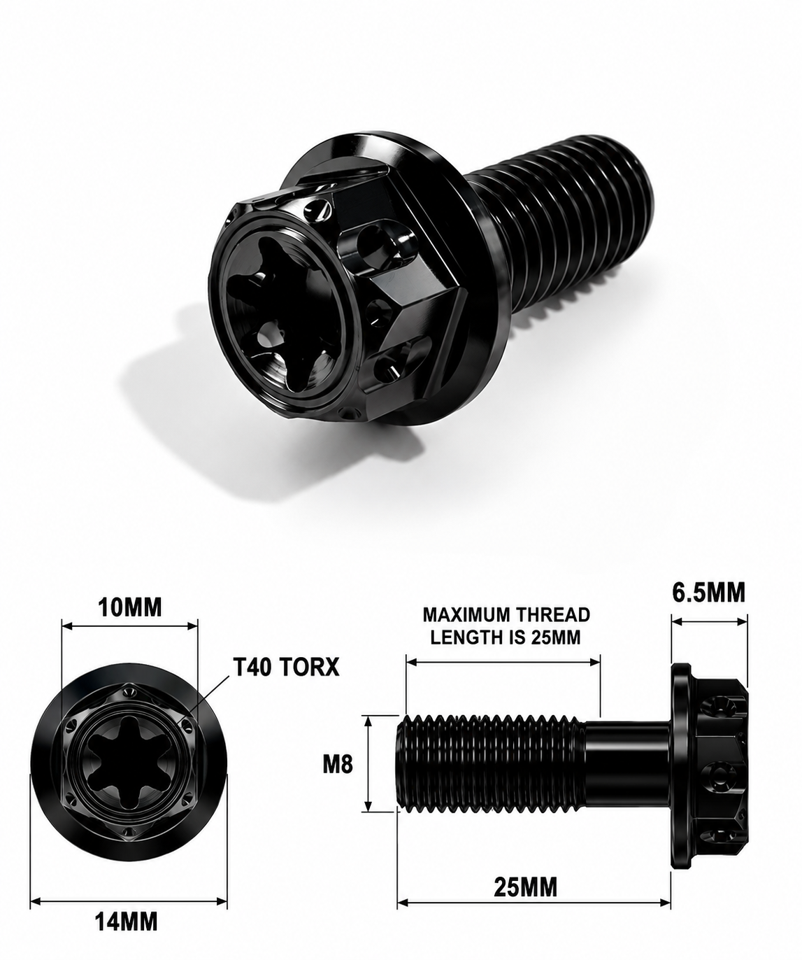 M8X25MM 1.25 THREAD BLACK FANCY DUAL DRIVE TITANIUM 10MM HEX