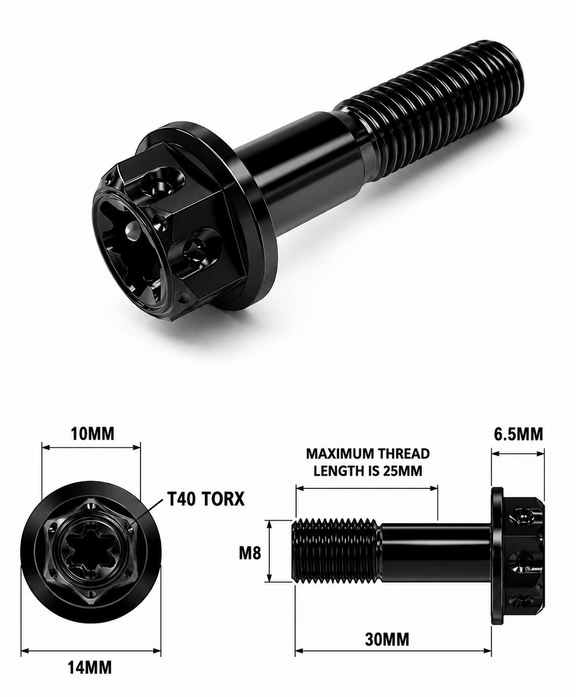 M8X30MM 1.25 THREAD BLACK FANCY DUAL DRIVE TITANIUM 10MM HEX M8X30MM 1.25 THREAD BLACK FANCY DUAL DRIVE TITANIUM 10MM HEX