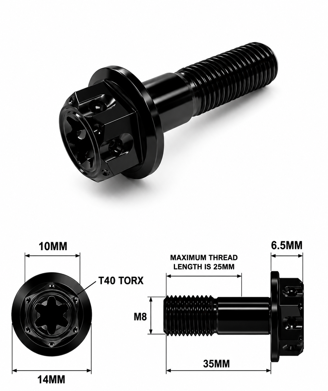 M8X35MM 1.25 THREAD BLACK FANCY DUAL DRIVE TITANIUM 10MM HEX M8X35MM 1.25 THREAD BLACK FANCY DUAL DRIVE TITANIUM 10MM HEX