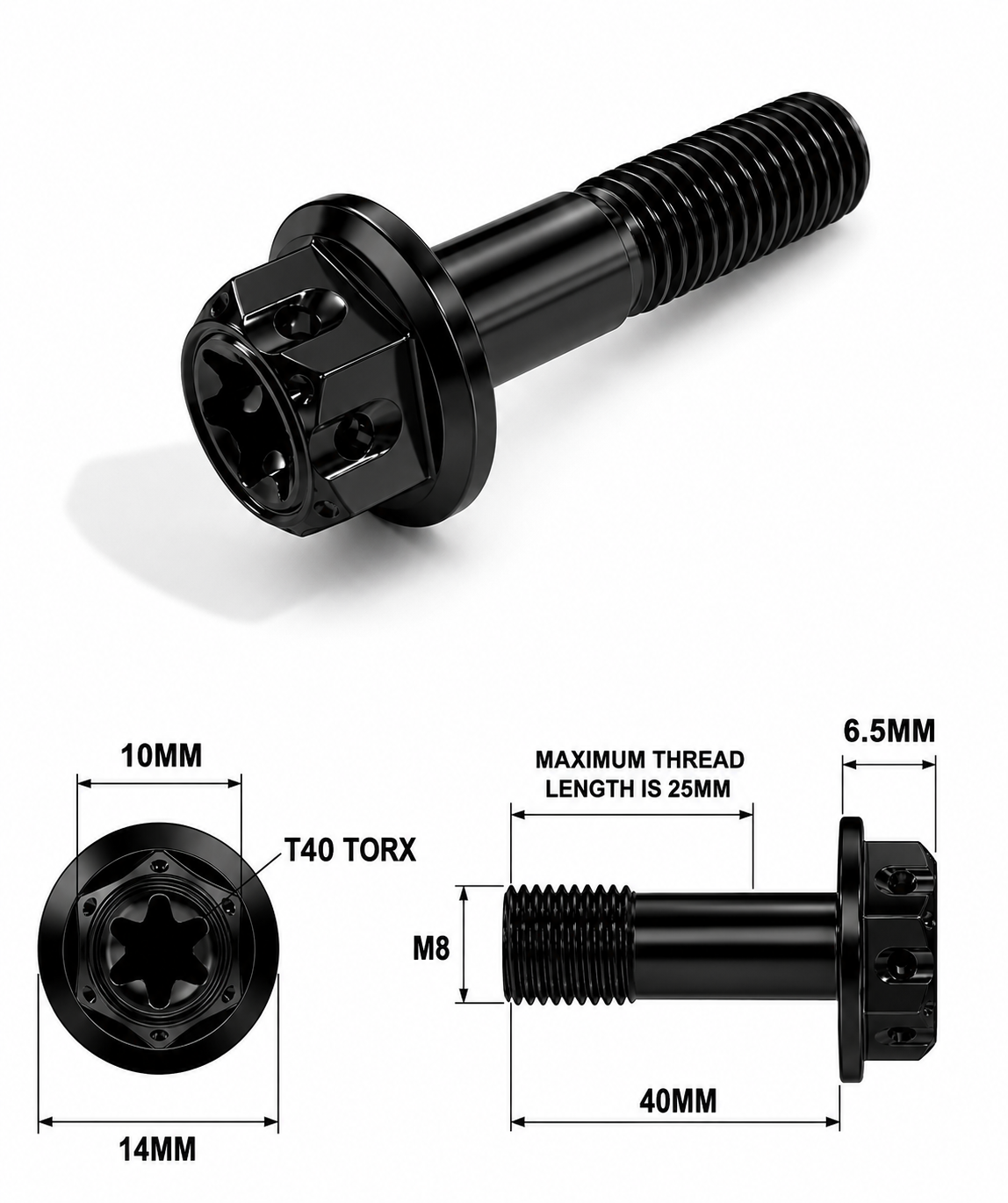 M8X40MM 1.25 THREAD BLACK FANCY DUAL DRIVE TITANIUM 10MM HEX M8X40MM 1.25 THREAD BLACK FANCY DUAL DRIVE TITANIUM 10MM HEX