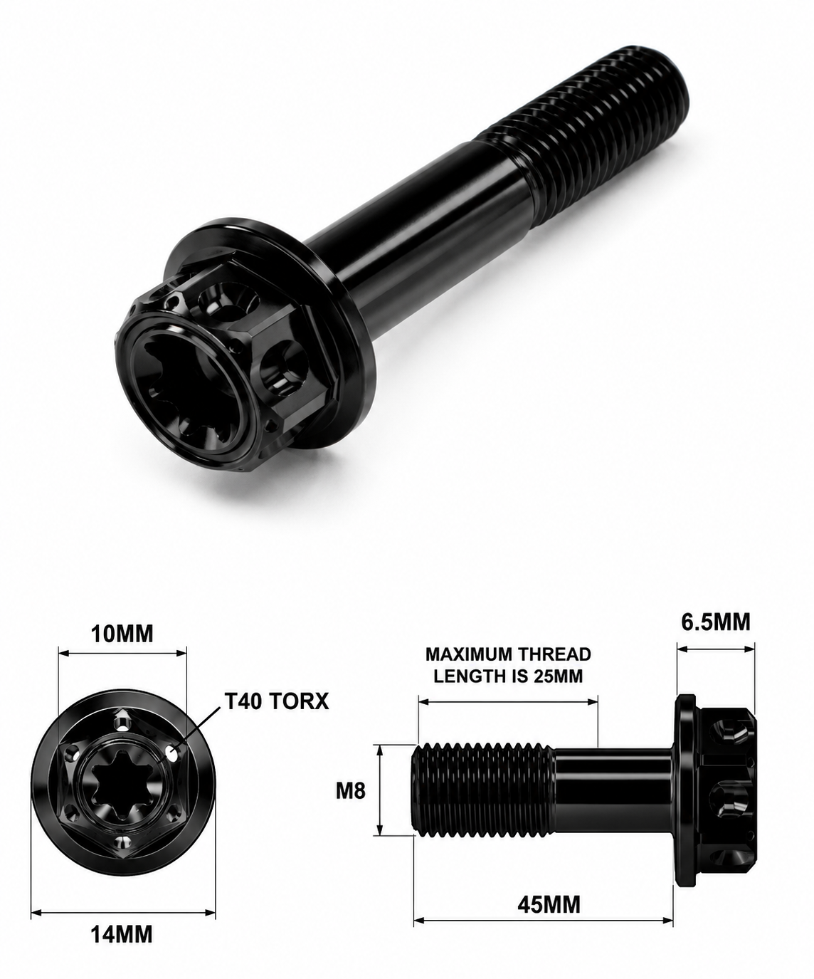 M8X45MM 1.25 THREAD BLACK FANCY DUAL DRIVE TITANIUM 10MM HEX