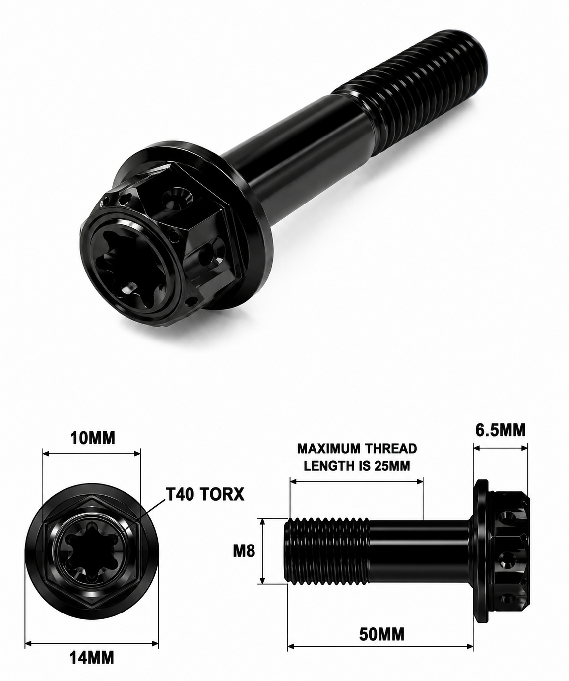 M8X50MM 1.25 THREAD BLACK FANCY DUAL DRIVE TITANIUM 10MM HEX