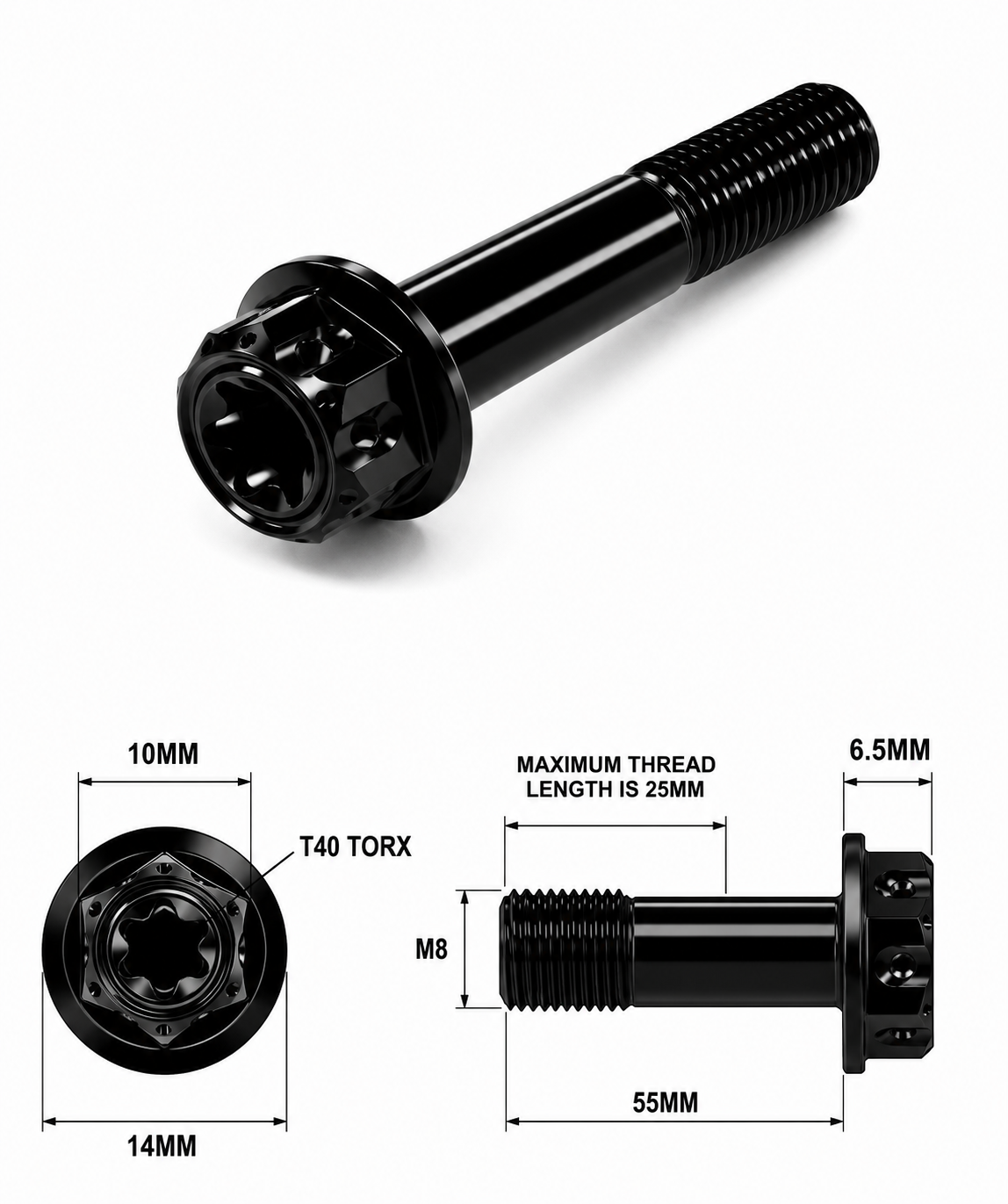 M8X55MM 1.25 THREAD BLACK FANCY DUAL DRIVE TITANIUM 10MM HEX M8X55MM 1.25 THREAD BLACK FANCY DUAL DRIVE TITANIUM 10MM HEX