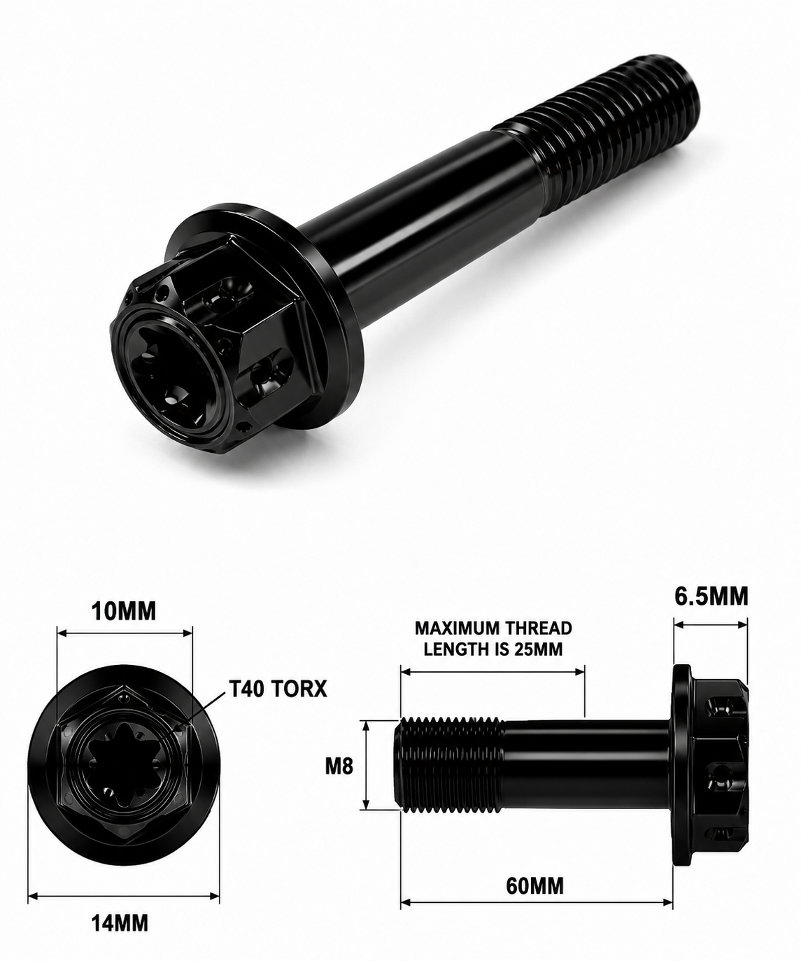 M8X60MM 1.25 THREAD BLACK FANCY DUAL DRIVE TITANIUM 10MM HEX M8X60MM 1.25 THREAD BLACK FANCY DUAL DRIVE TITANIUM 10MM HEX