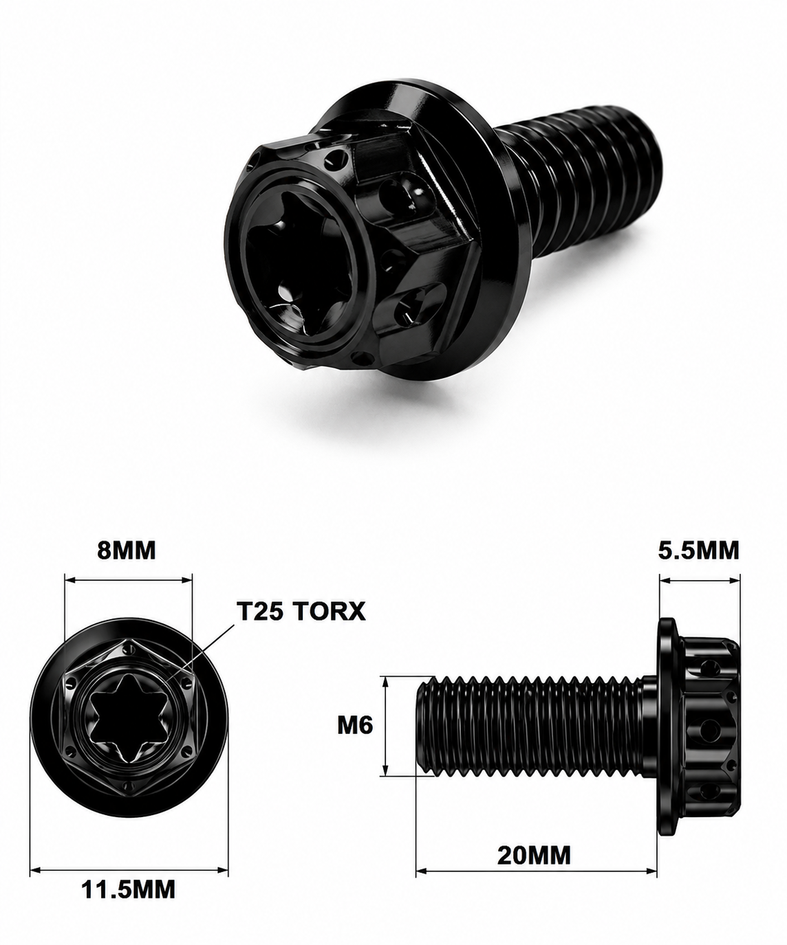 M6X20MM 1.0 THREAD BLACK FANCY DUAL DRIVE TITANIUM 8MM HEX BOLT M6X20MM 1.0 THREAD BLACK FANCY DUAL DRIVE TITANIUM 8MM HEX BOLT