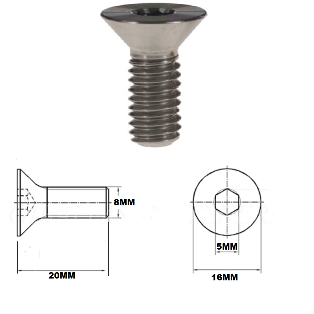 M8X20MM 1.25 THREAD PITCH TITANIUM COUNTERSUNK BOLT GRADE 5