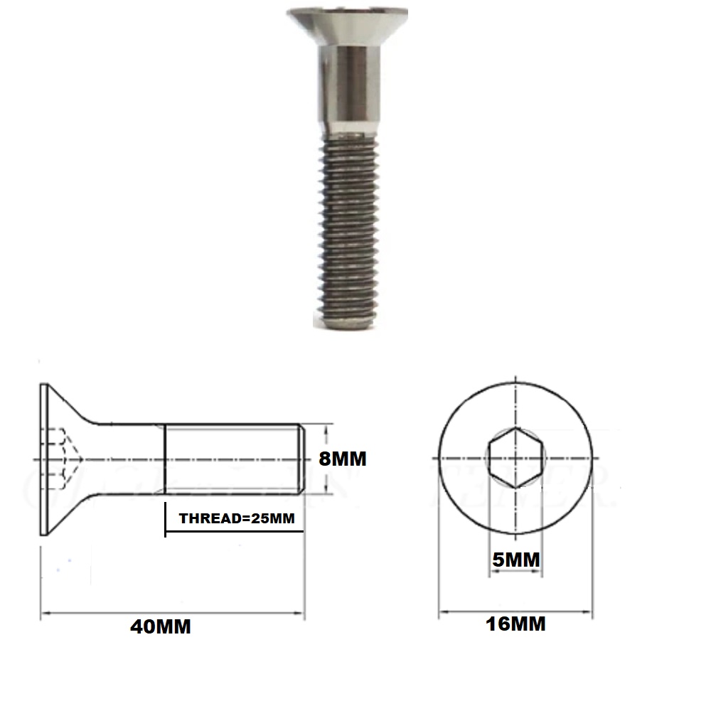 M8X40MM 1.25 THREAD PITCH TITANIUM COUNTERSUNK BOLT GRADE 5