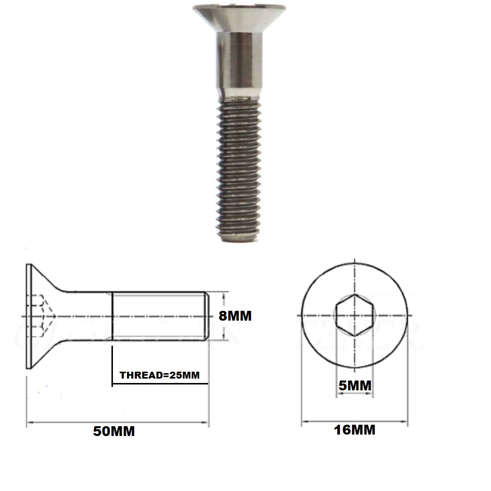 M8X50MM 1.25 THREAD PITCH TITANIUM COUNTERSUNK BOLT GRADE 5