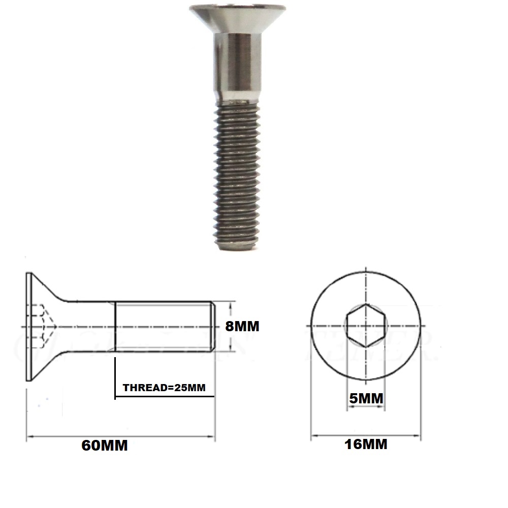 M8X60MM 1.25 THREAD PITCH TITANIUM COUNTERSUNK BOLT GRADE 5