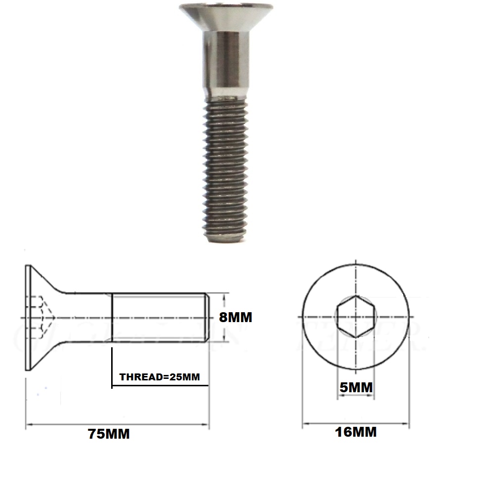 M8X75MM 1.25 THREAD PITCH TITANIUM COUNTERSUNK BOLT GRADE 5