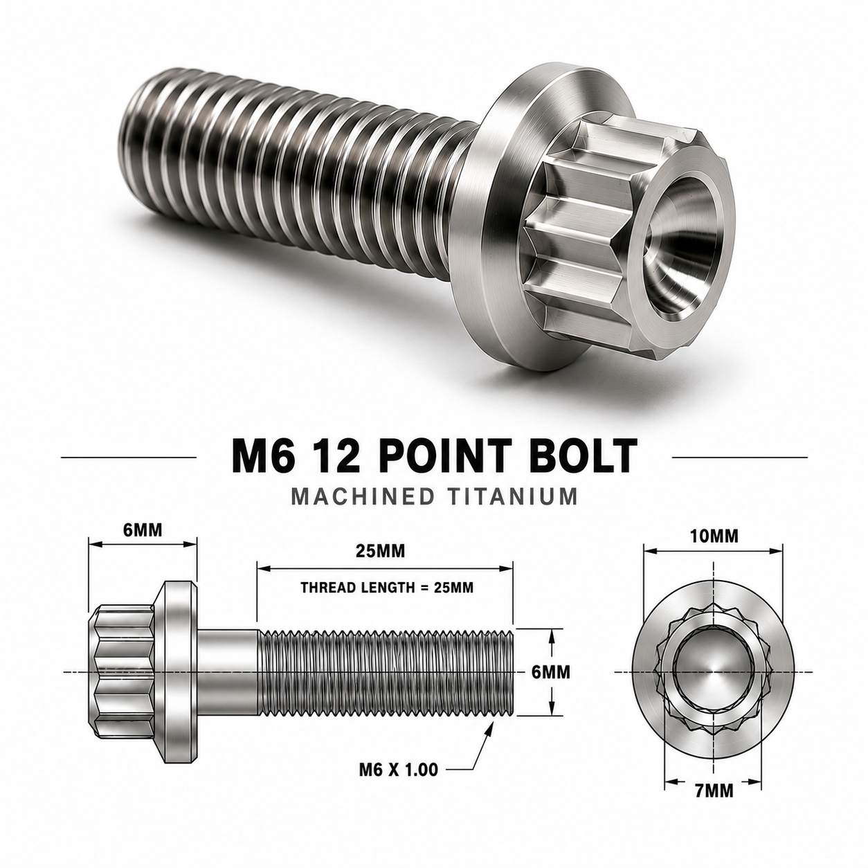 M6X25MM 1.00 THREAD PITCH TITANIUM 12 POINT FLANGED BOLT GRADE 5