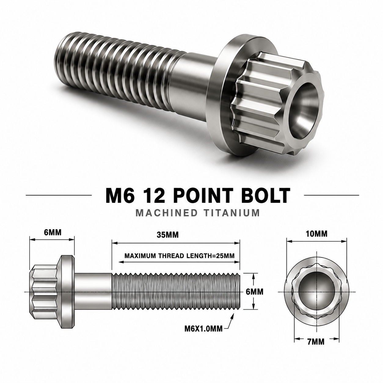 M6X35MM 1.00 THREAD PITCH TITANIUM 12 POINT FLANGED BOLT GRADE 5
