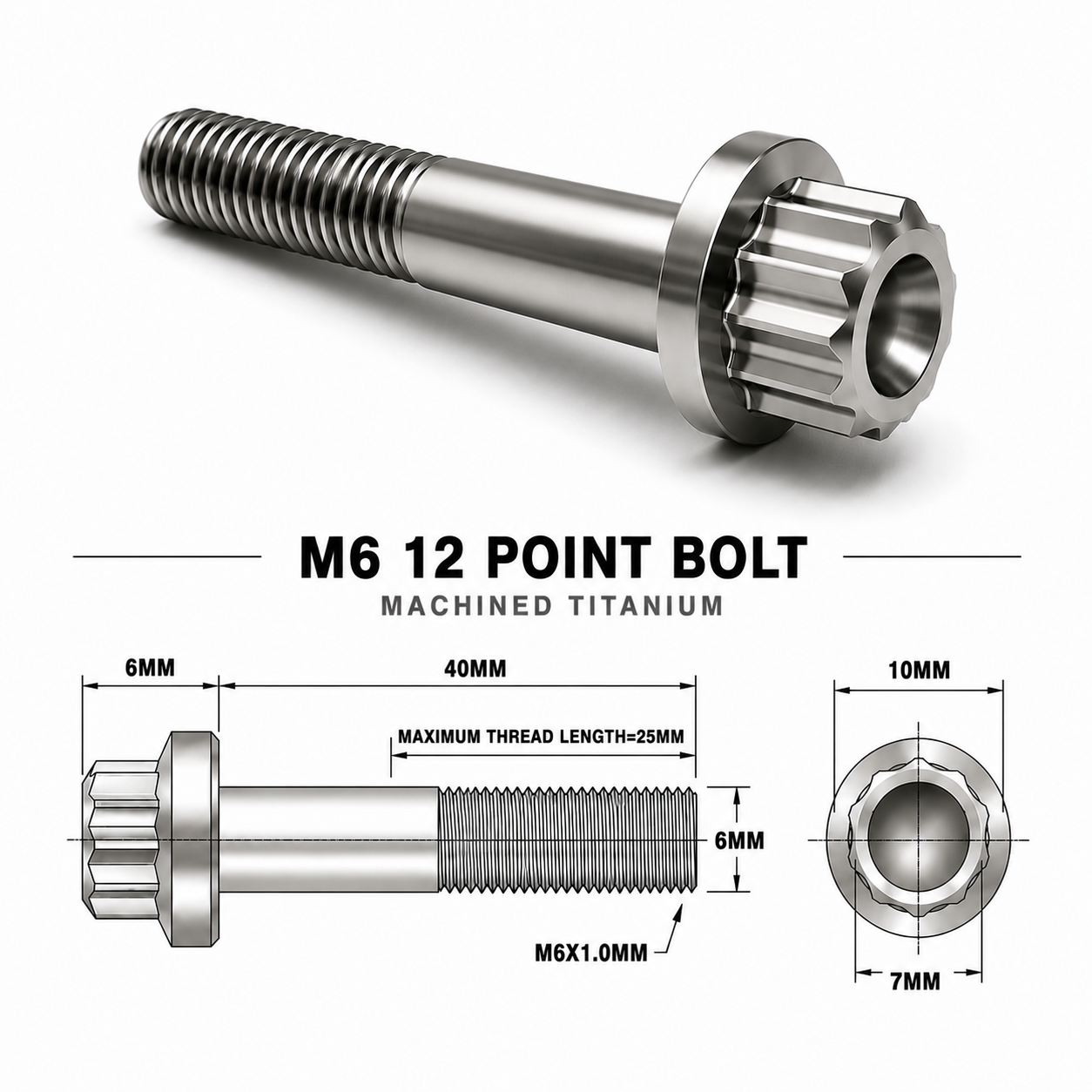 M6X45MM 1.00 THREAD PITCH TITANIUM 12 POINT FLANGED BOLT GRADE 5 M6X45MM 1.00 THREAD PITCH TITANIUM 12 POINT FLANGED BOLT GRADE 5