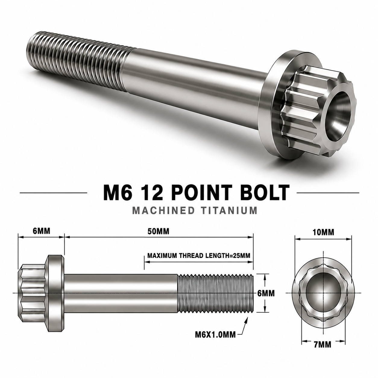 M6X50MM 1.00 THREAD PITCH TITANIUM 12 POINT FLANGED BOLT GRADE 5