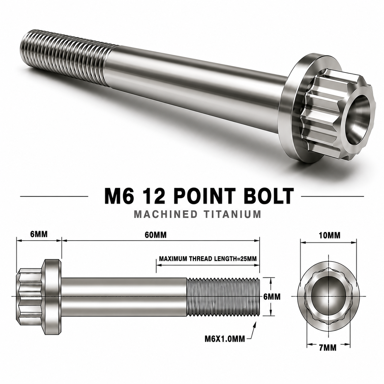 M6X60MM 1.00 THREAD PITCH TITANIUM 12 POINT FLANGED BOLT GRADE 5