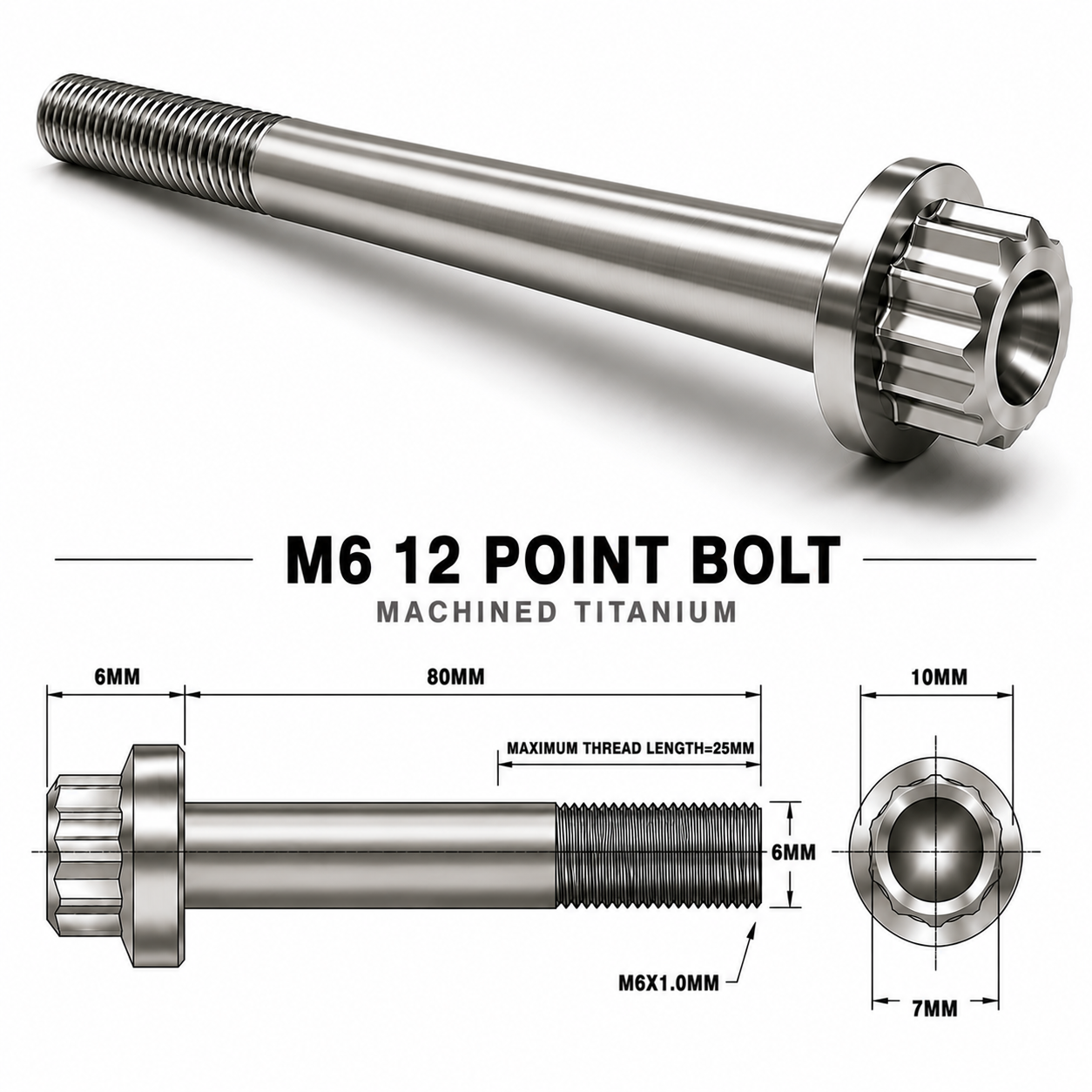 M6X80MM 1.00 THREAD PITCH TITANIUM 12 POINT FLANGED BOLT GRADE 5