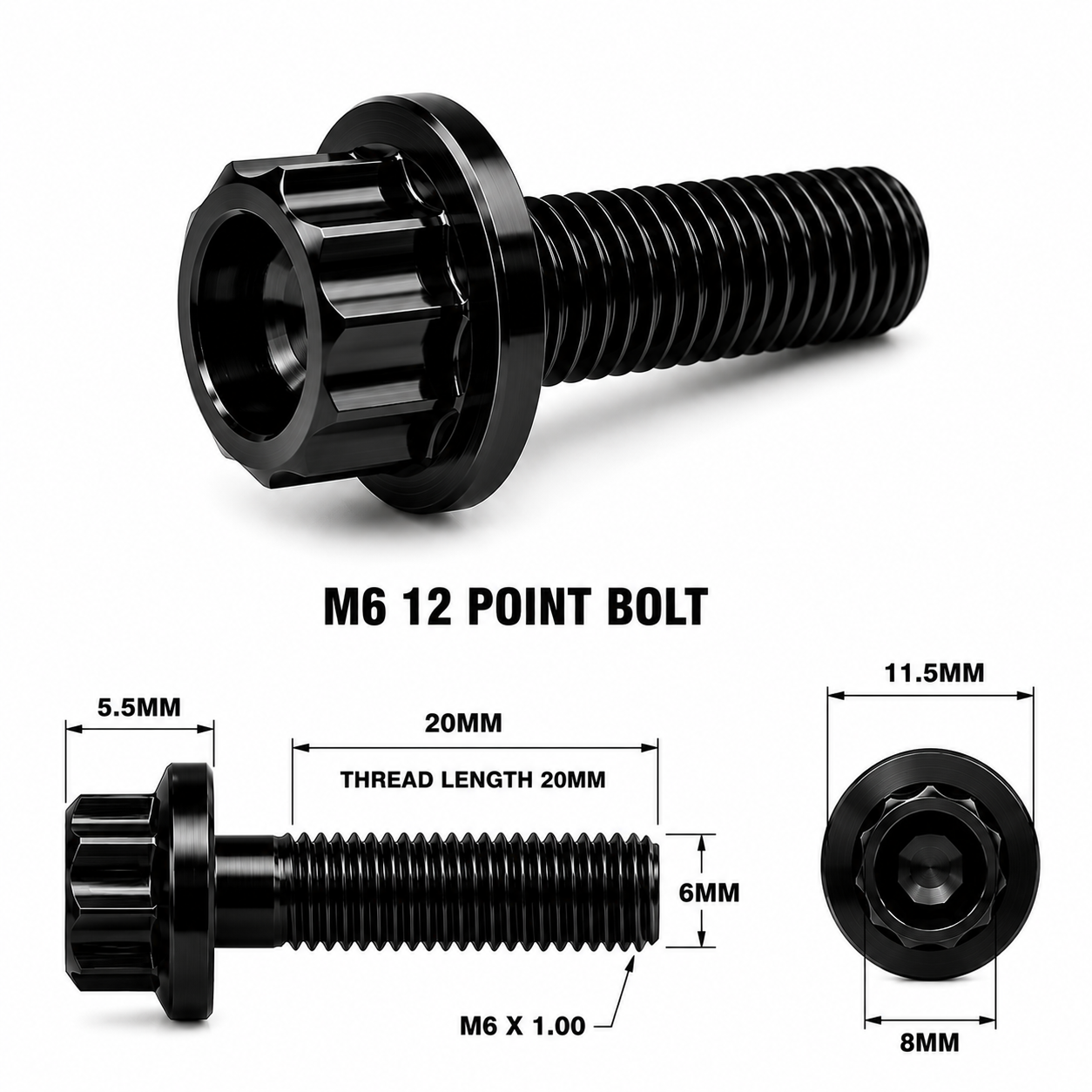 M6X20MM STEALTH 12 POINT BOLT 1.00 THREAD PITCH TITANIUM M6X20MM STEALTH 12 POINT BOLT 1.00 THREAD PITCH TITANIUM