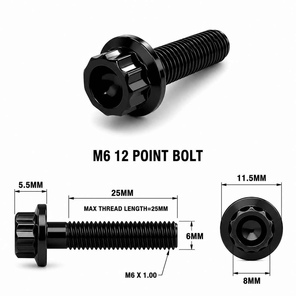 M6X25MM STEALTH 12 POINT BOLT 1.00 THREAD PITCH TITANIUM
