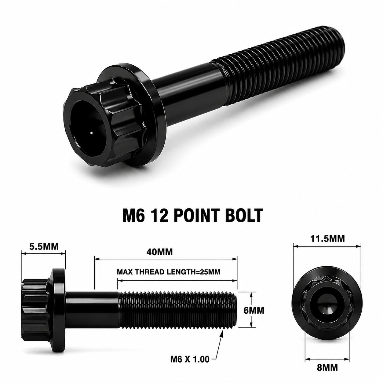 M6X40MM STEALTH 12 POINT BOLT 1.00 THREAD PITCH TITANIUM