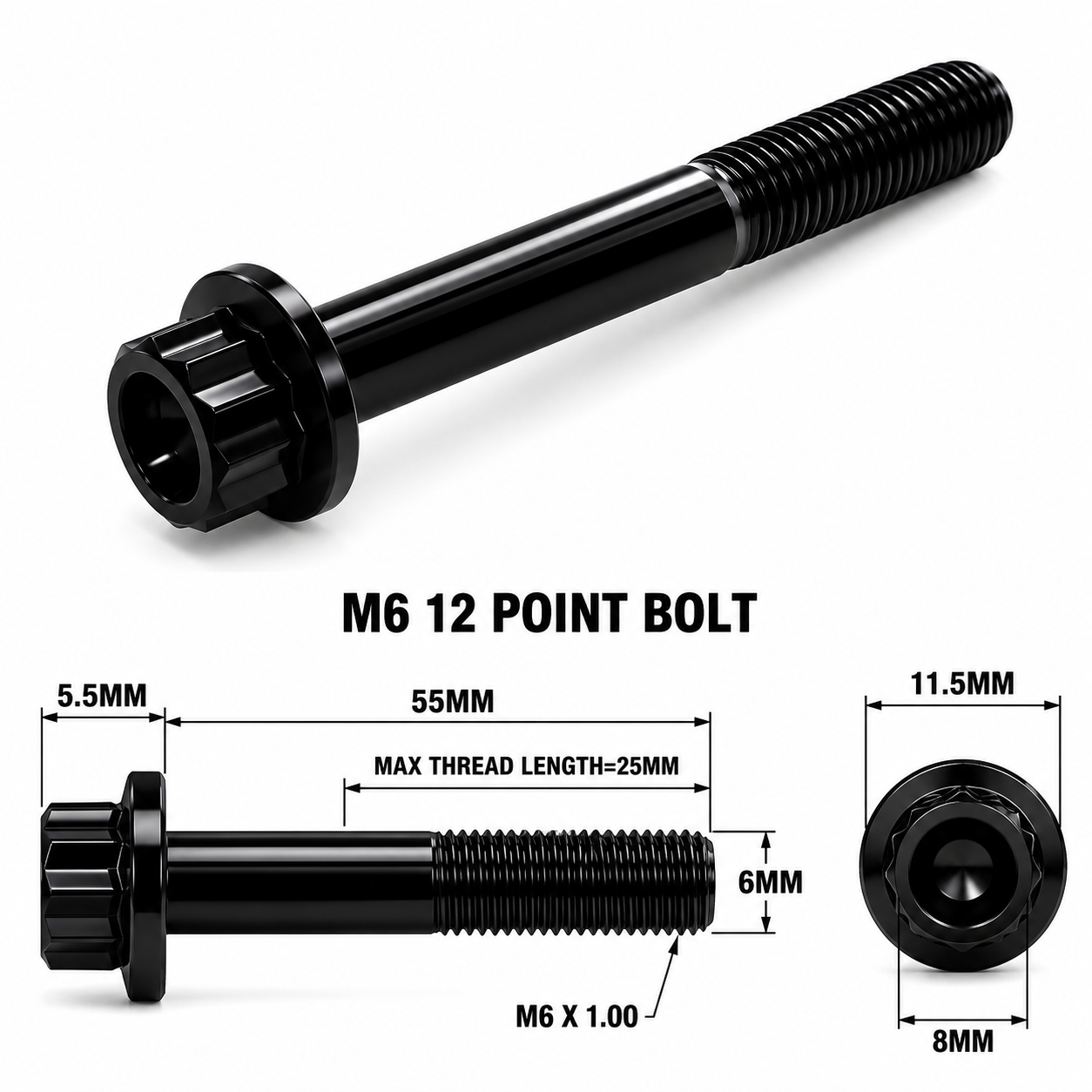 M6X55MM STEALTH 12 POINT BOLT 1.00 THREAD PITCH TITANIUM