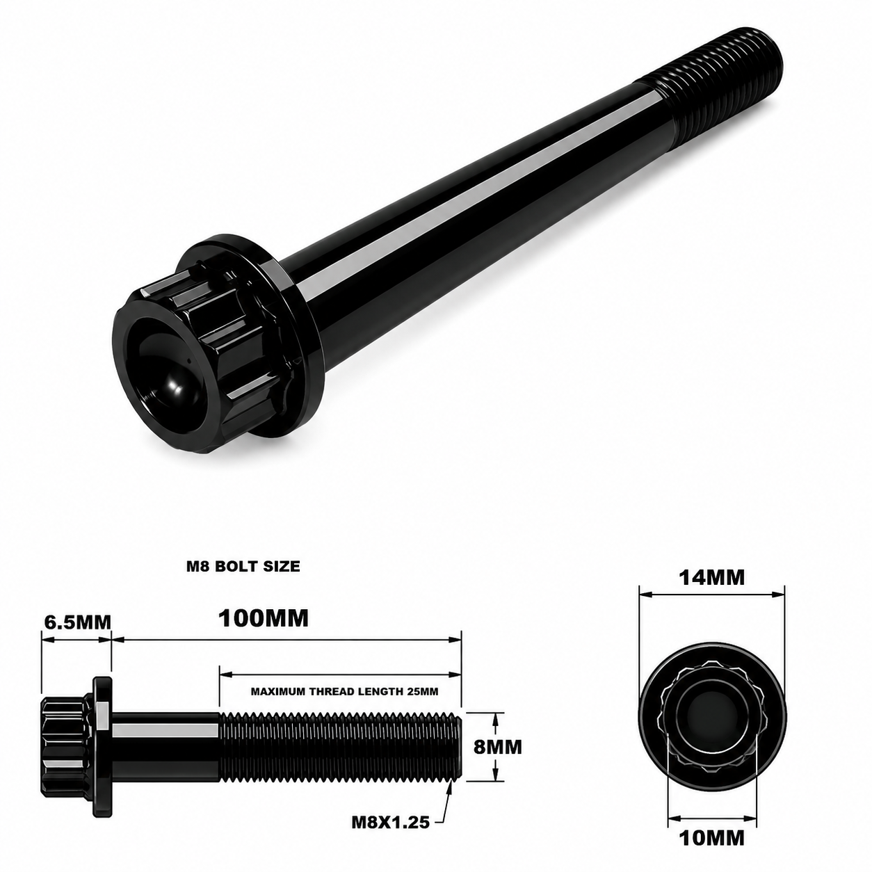 M8X100MM STEALTH 12 POINT BOLT 1.25 THREAD PITCH TITANIUM M8X100MM STEALTH 12 POINT BOLT 1.25 THREAD PITCH TITANIUM