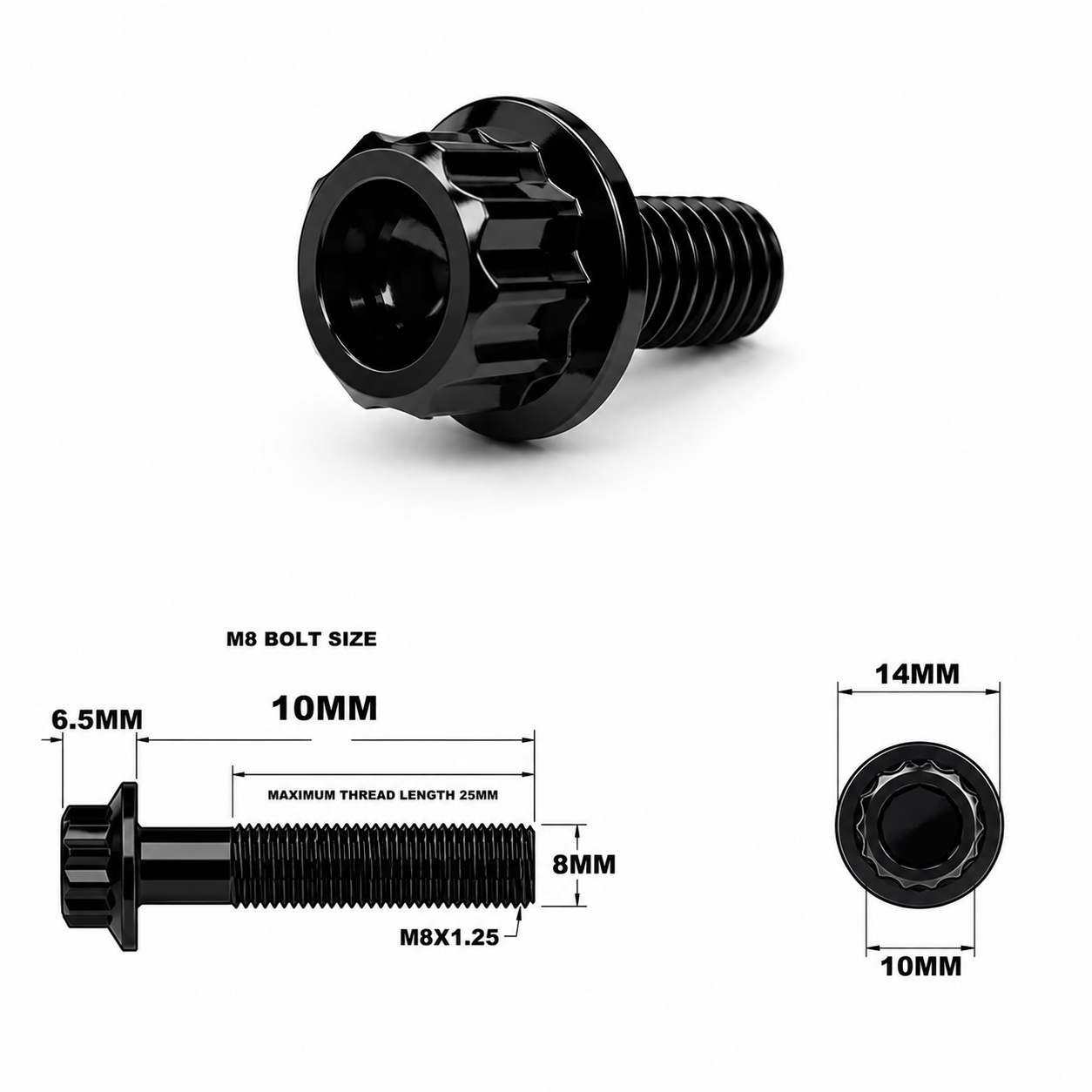 M8X10MM STEALTH 12 POINT BOLT 1.25 THREAD PITCH TITANIUM M8X10MM STEALTH 12 POINT BOLT 1.25 THREAD PITCH TITANIUM