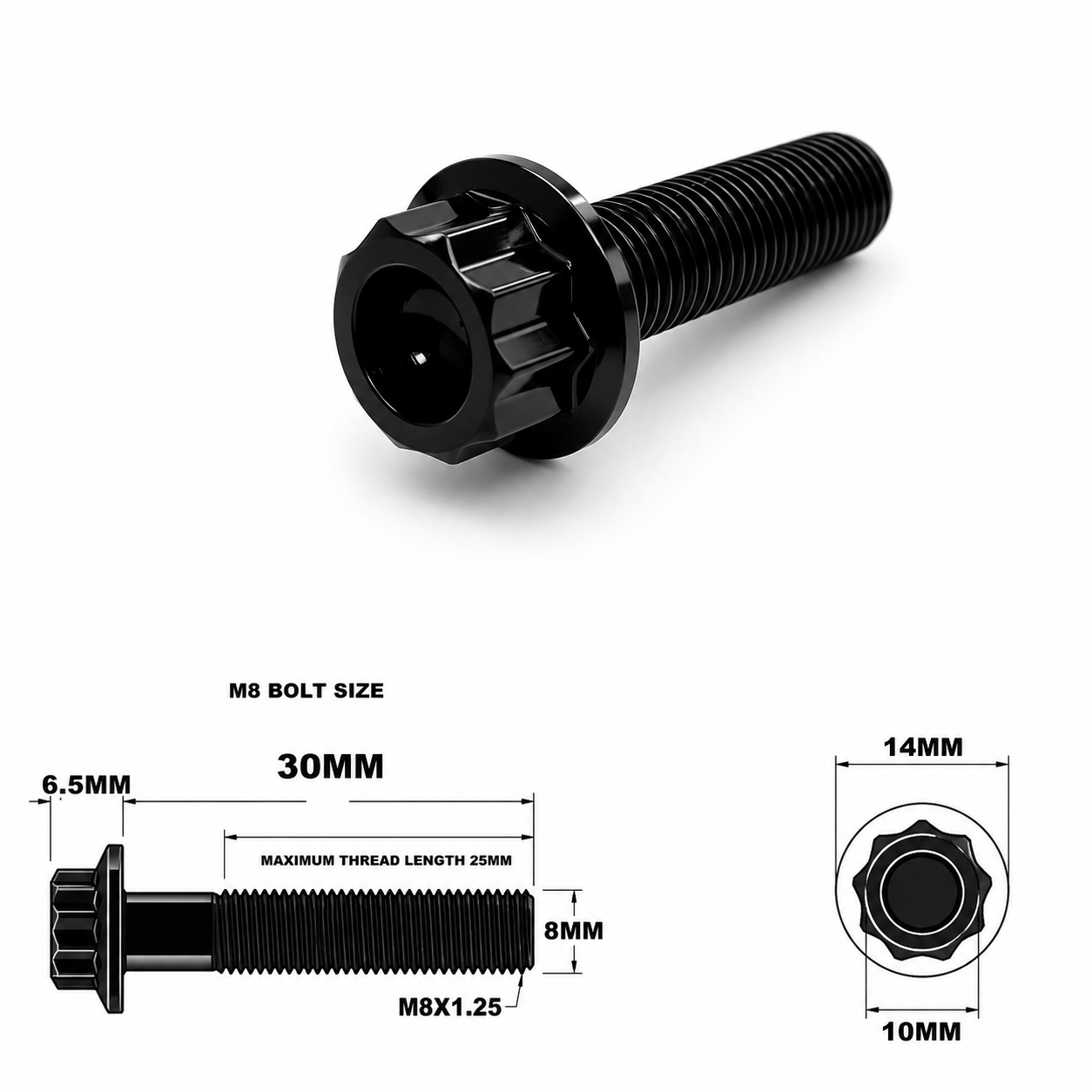 M8X30MM STEALTH 12 POINT BOLT 1.25 THREAD PITCH TITANIUM M8X30MM STEALTH 12 POINT BOLT 1.25 THREAD PITCH TITANIUM