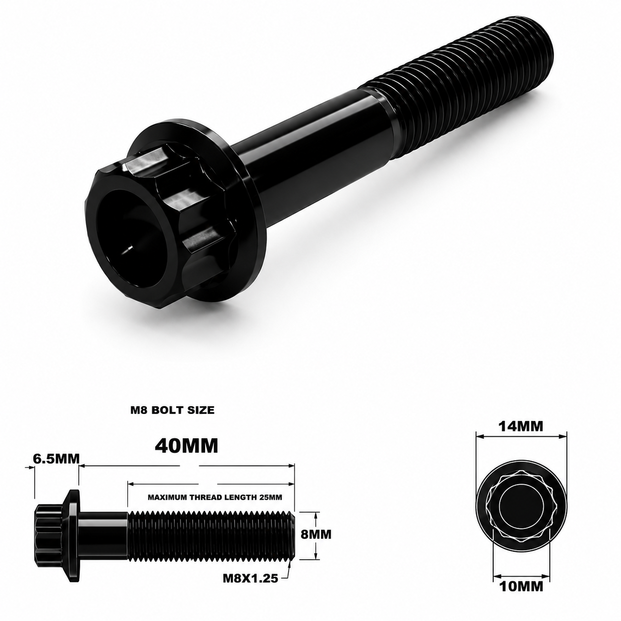 M8X40MM STEALTH 12 POINT BOLT 1.25 THREAD PITCH TITANIUM