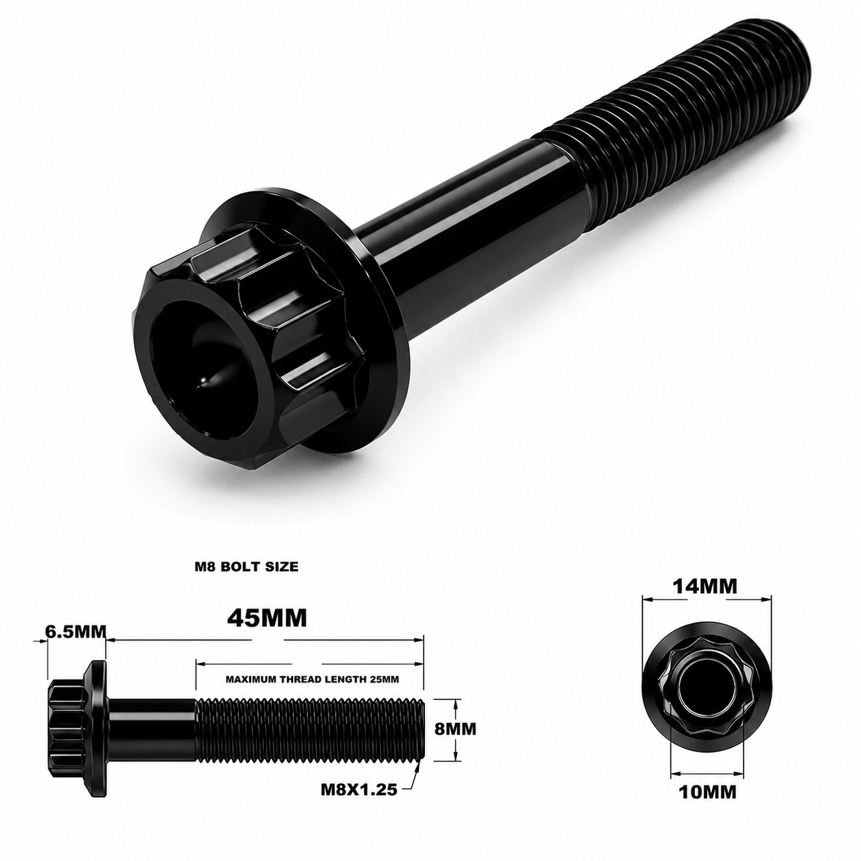 M8X45MM STEALTH 12 POINT BOLT 1.25 THREAD PITCH TITANIUM M8X45MM STEALTH 12 POINT BOLT 1.25 THREAD PITCH TITANIUM
