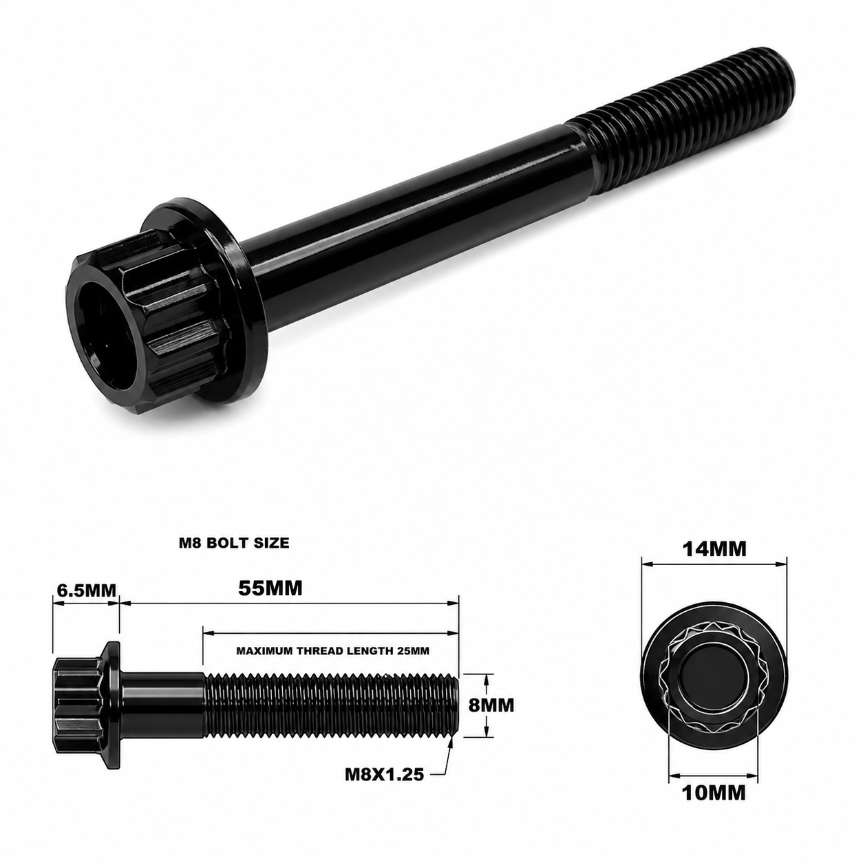 M8X55MM STEALTH 12 POINT BOLT 1.25 THREAD PITCH TITANIUM M8X55MM STEALTH 12 POINT BOLT 1.25 THREAD PITCH TITANIUM