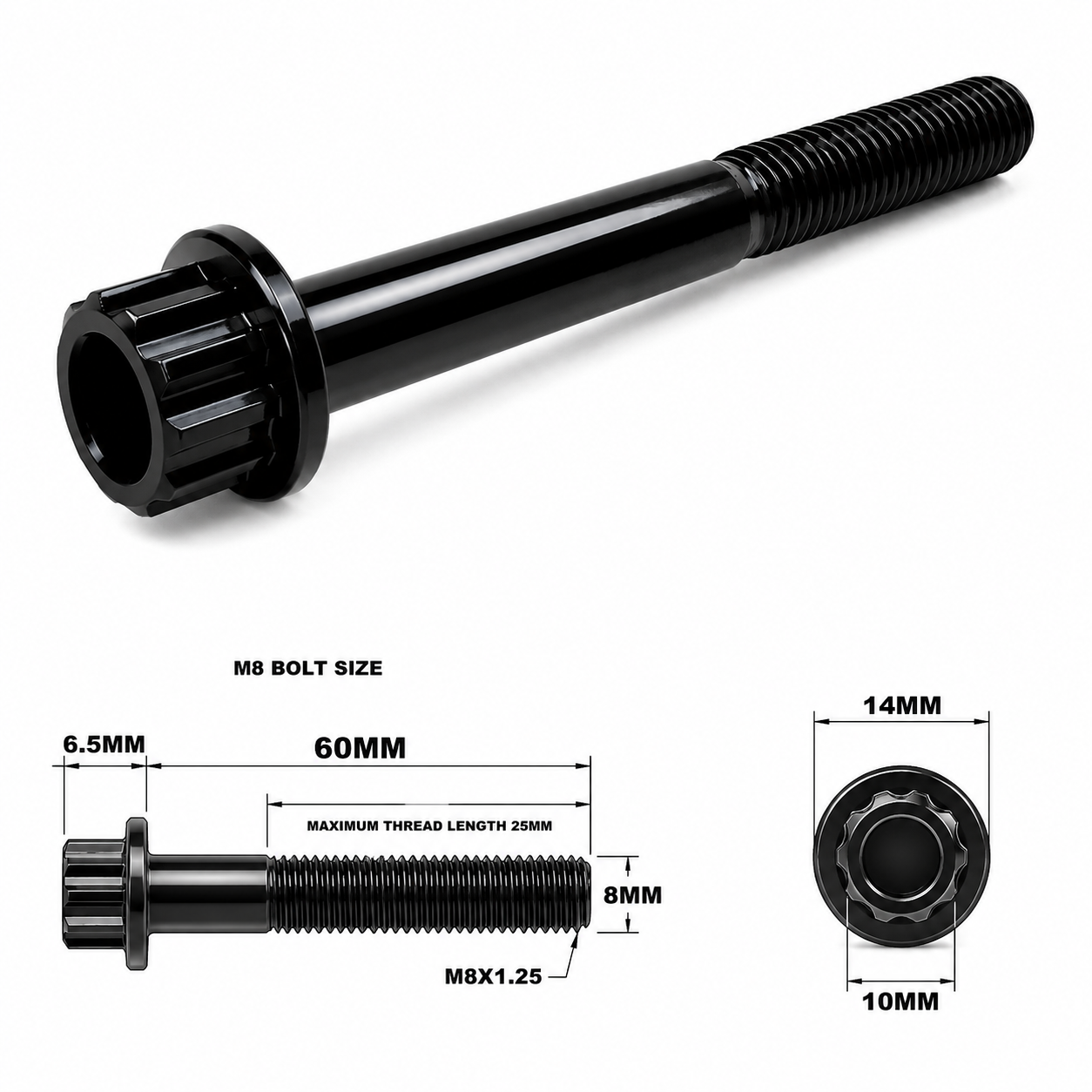 M8X60MM STEALTH 12 POINT BOLT 1.25 THREAD PITCH TITANIUM M8X60MM STEALTH 12 POINT BOLT 1.25 THREAD PITCH TITANIUM