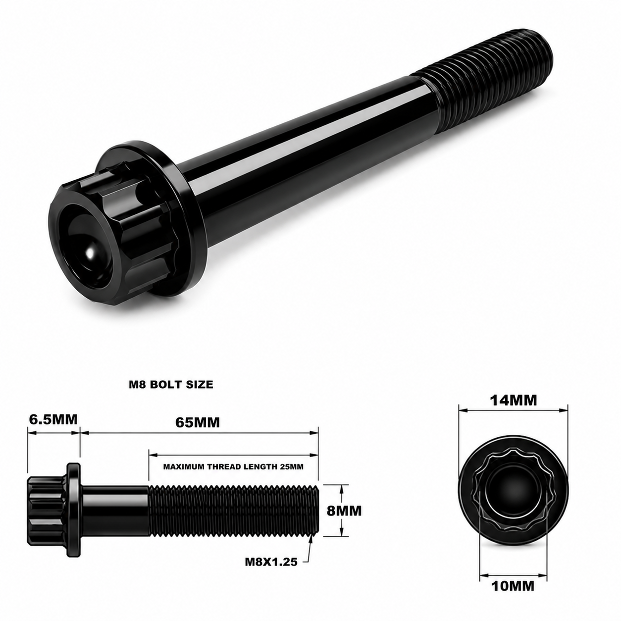 M8X65MM STEALTH 12 POINT BOLT 1.25 THREAD PITCH TITANIUM M8X65MM STEALTH 12 POINT BOLT 1.25 THREAD PITCH TITANIUM